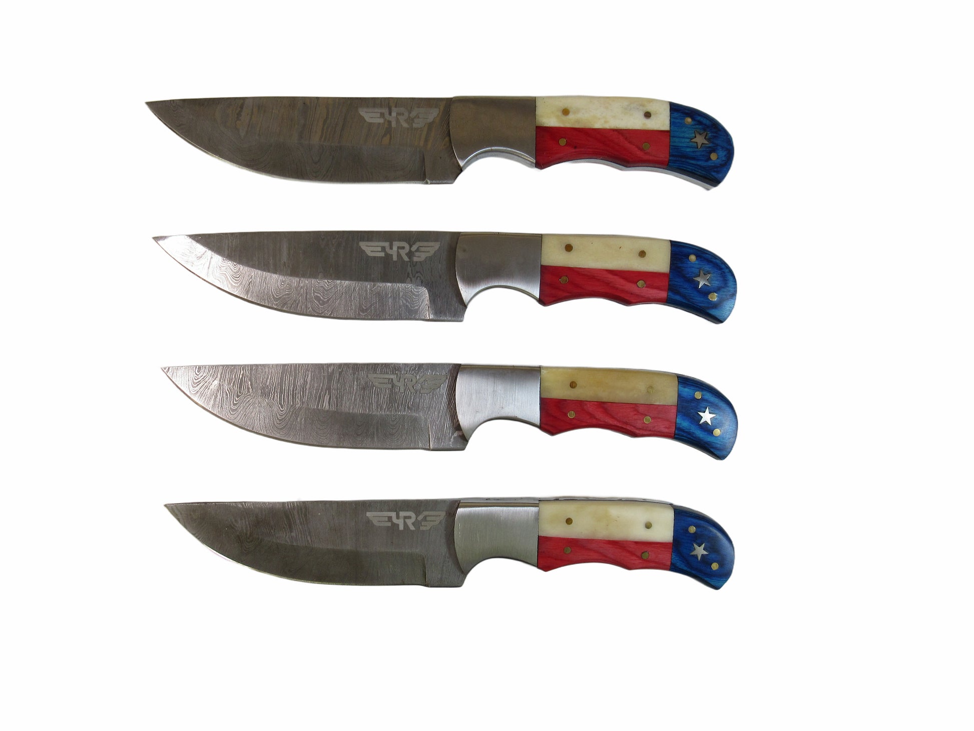 Ruddock Bros steak knives in Damascus steel  with wood and horn handles