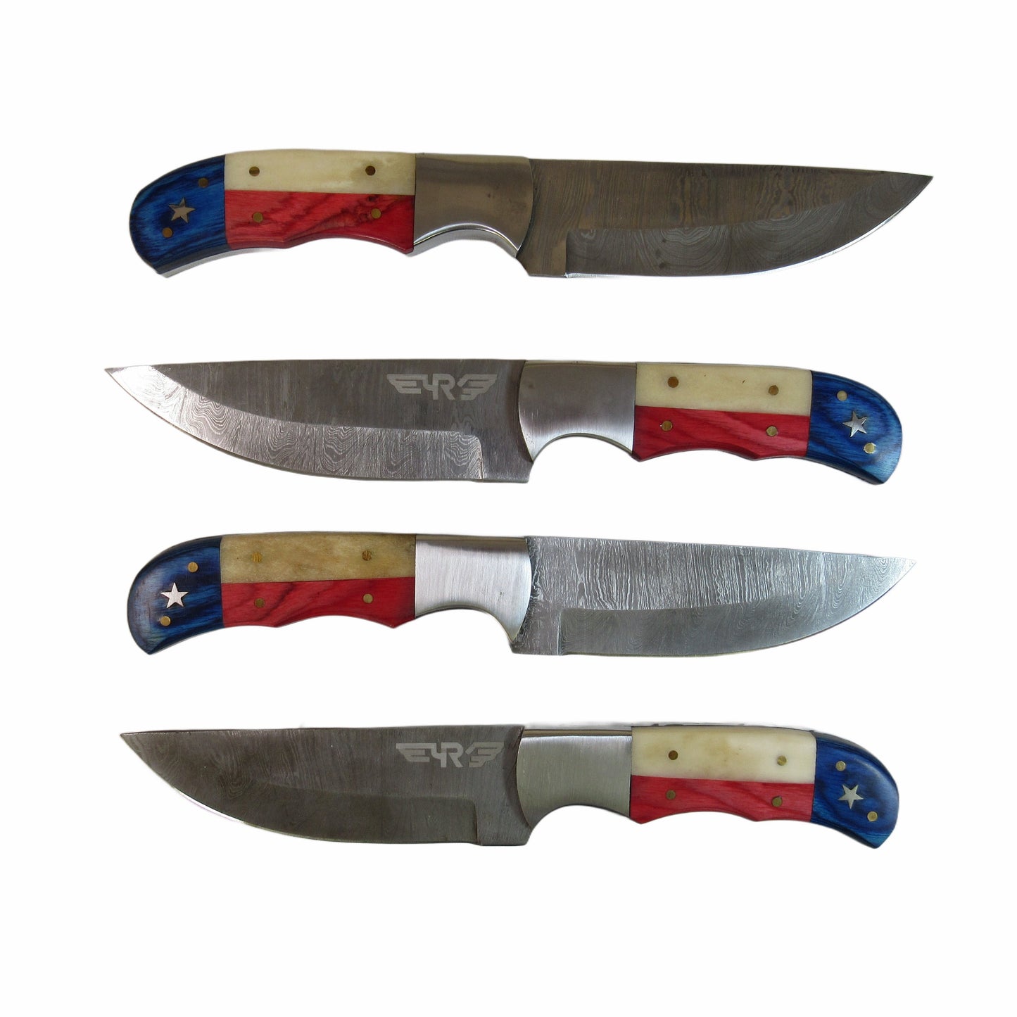 Ruddock Bros steak knives in Damascus steel  with wood and horn handles