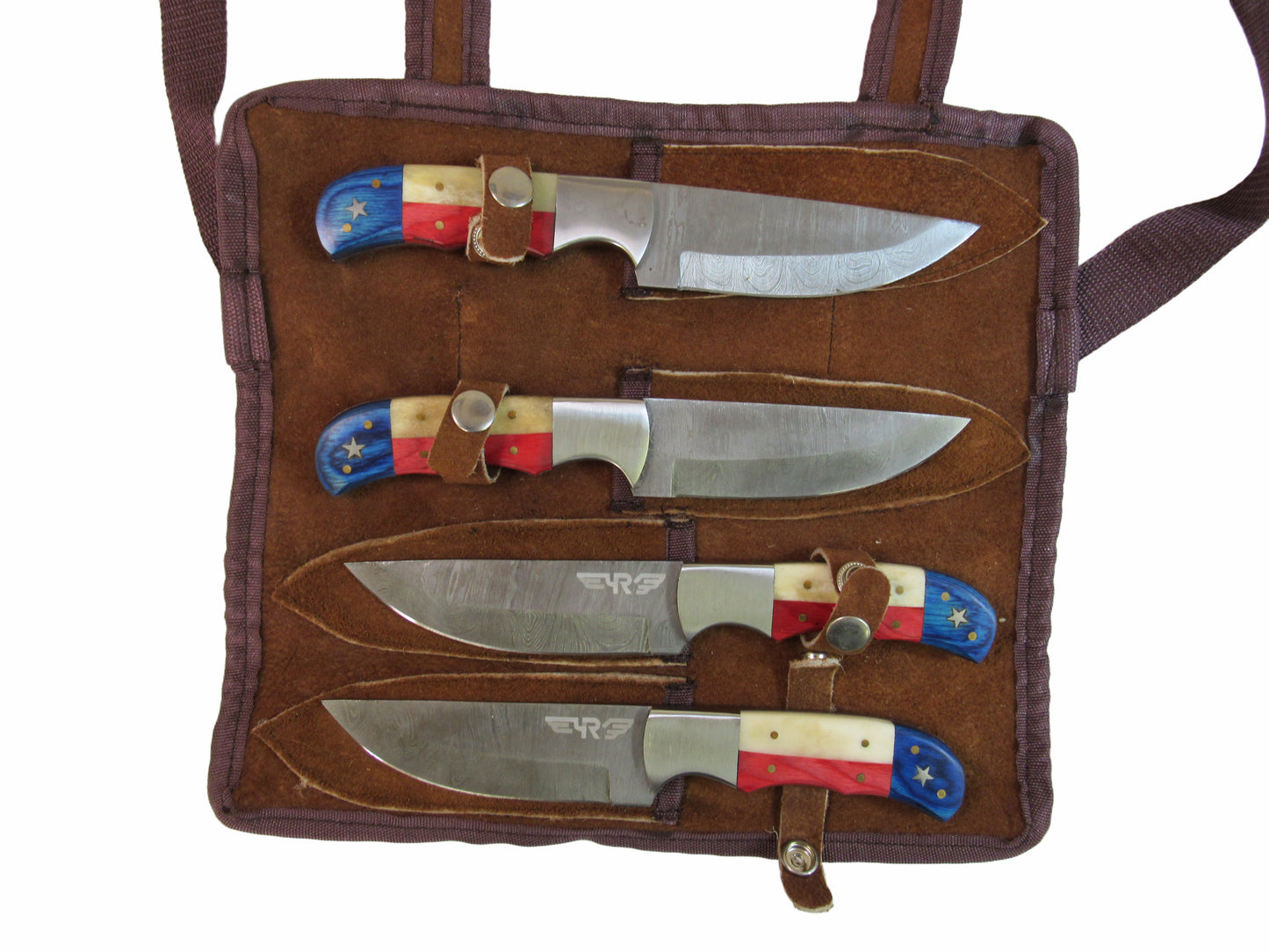 Ruddock Bros steak knives in Damascus steel  with wood and horn handles with leather carry bag