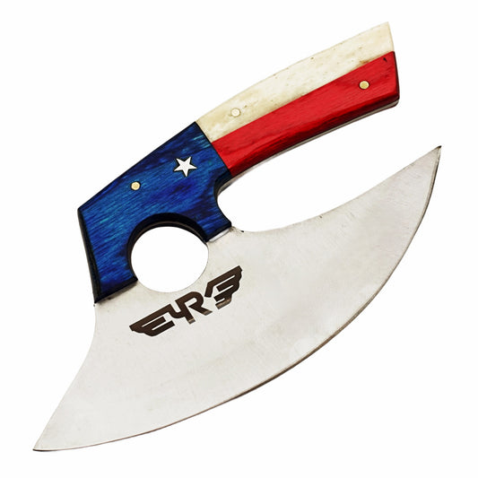 Stainless steel ulu rounded blade knife with lone star handle made with bone and  hardwood by Ruddock Bros El Paso Texas Ruddock Shirts with leather carry pouch