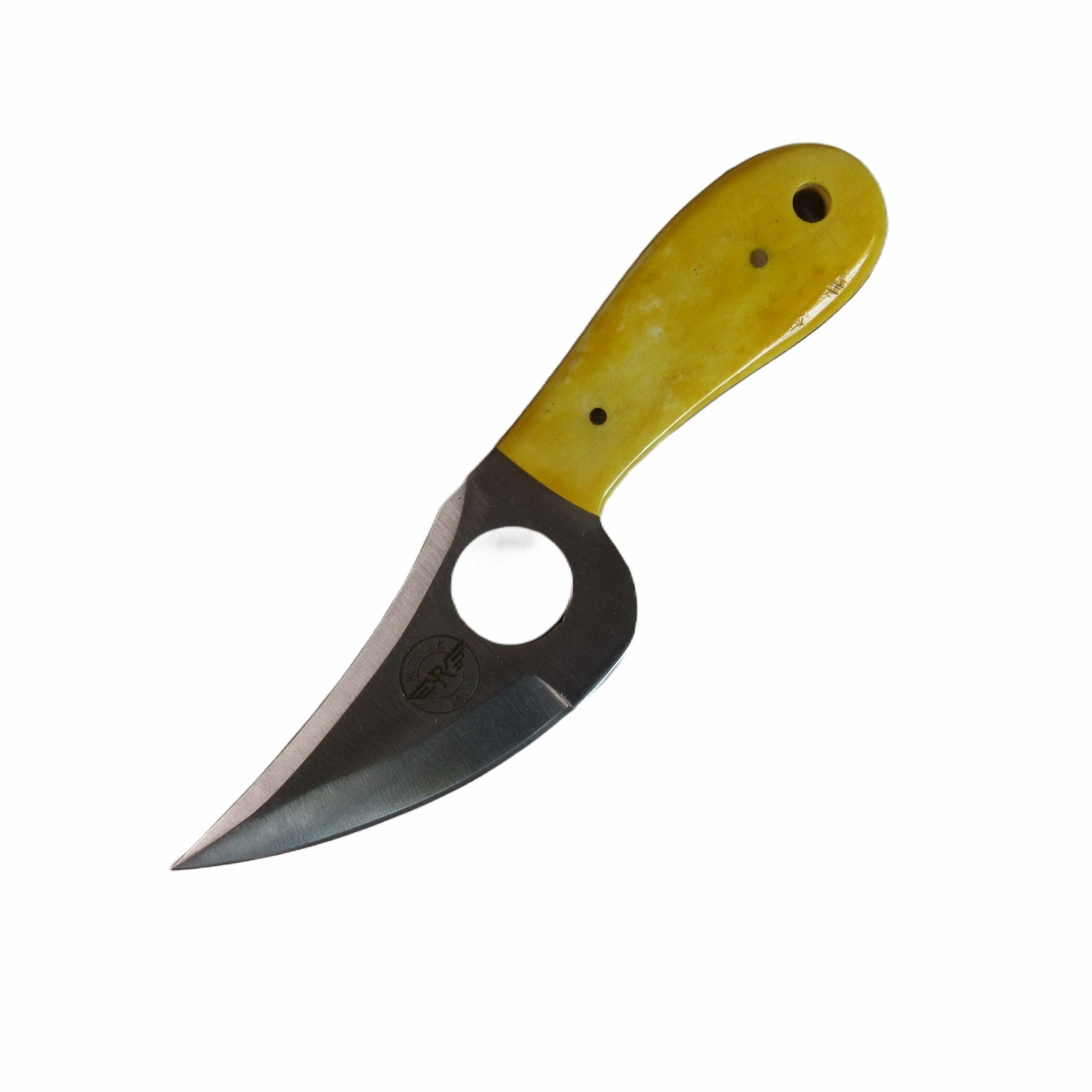 Finger Ring skinner blade in stainless steel with horn handle in gold by Ruddock Bros