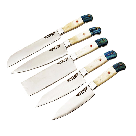 Stainless steel 5 piece knife set with handles made with bone and jade hardwood by Ruddock Bros El Paso Texas Ruddock Shirts with leather carry pouch