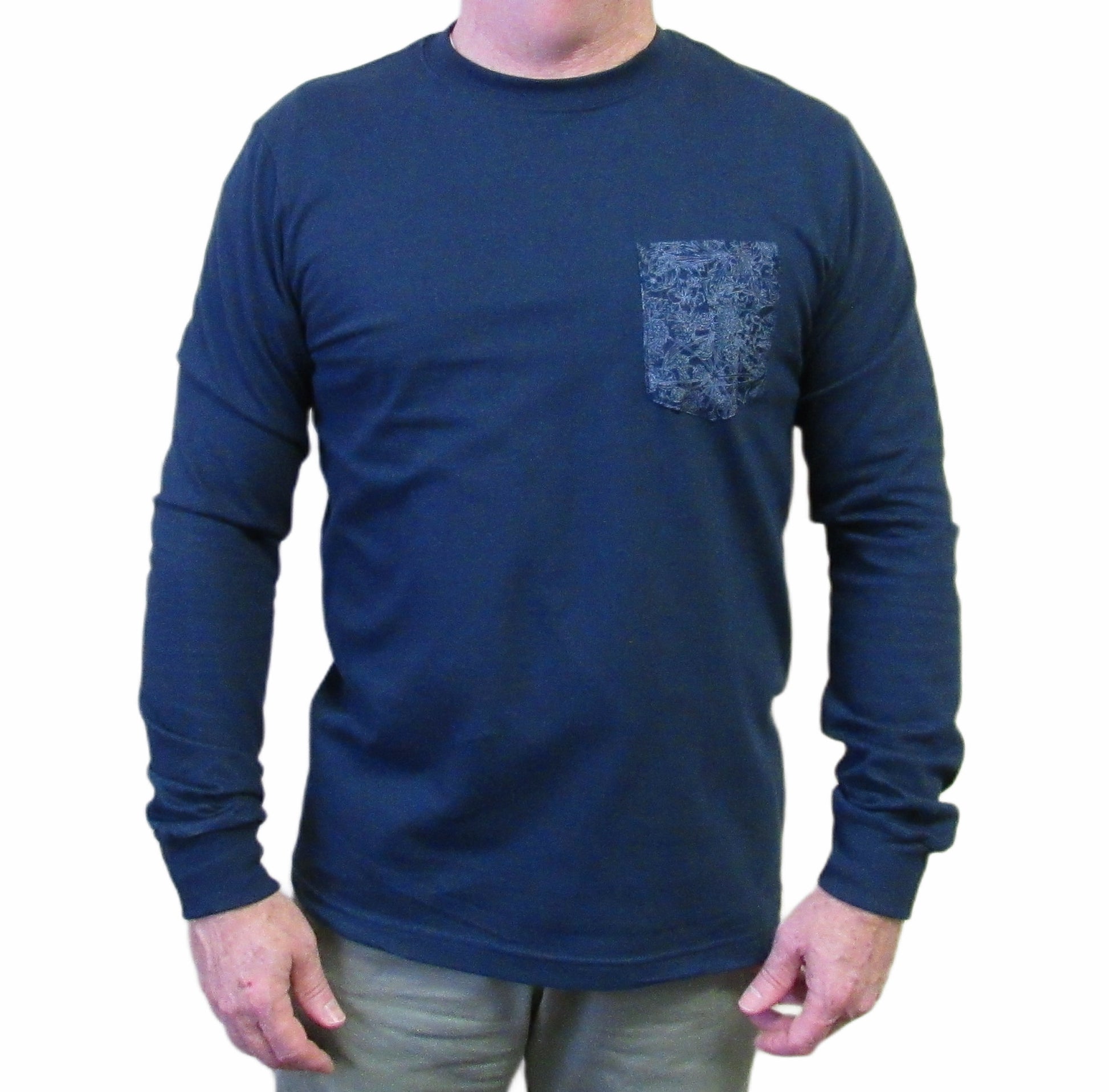 Long Sleeve Navy Blue T shirt with contrast pocket by Flying R Ranchwear Made in USA Ruddock Shirts El Paso TX