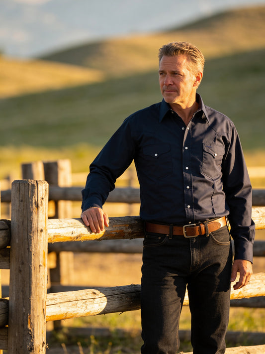 Flying R Ranchwear Navy Rancher Crease Made in USA with snaps by Ruddock Shirts
