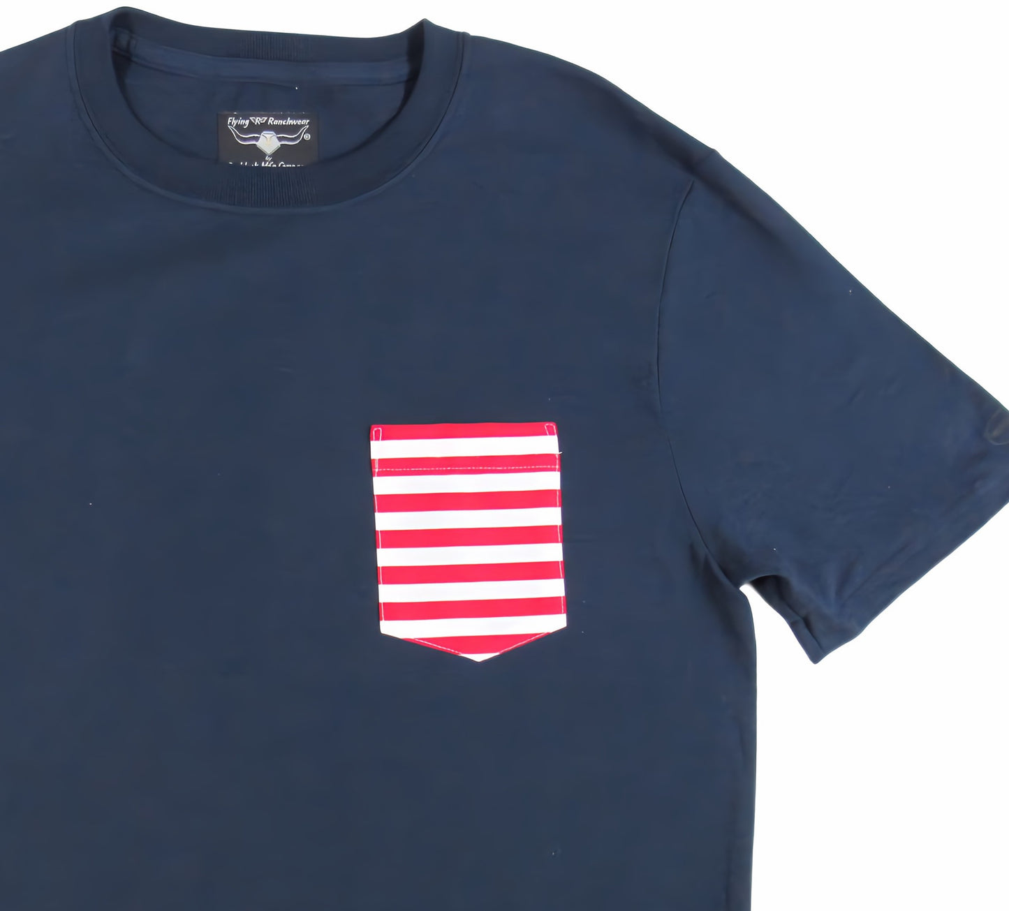 Navy Blue made in USA t shirt with red Stripe print on pocket Flying R Ranchwear Ruddock Shirts