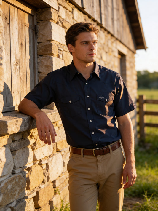 Clearance - Western Classic Solids - Navy Twill - Short Sleeve - Classic Fit