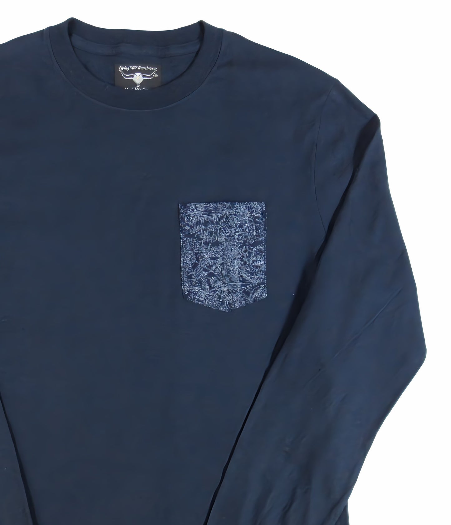 Long Sleeve Navy Blue T shirt with contrast pocket by Flying R Ranchwear Made in USA Ruddock Shirts El Paso TX