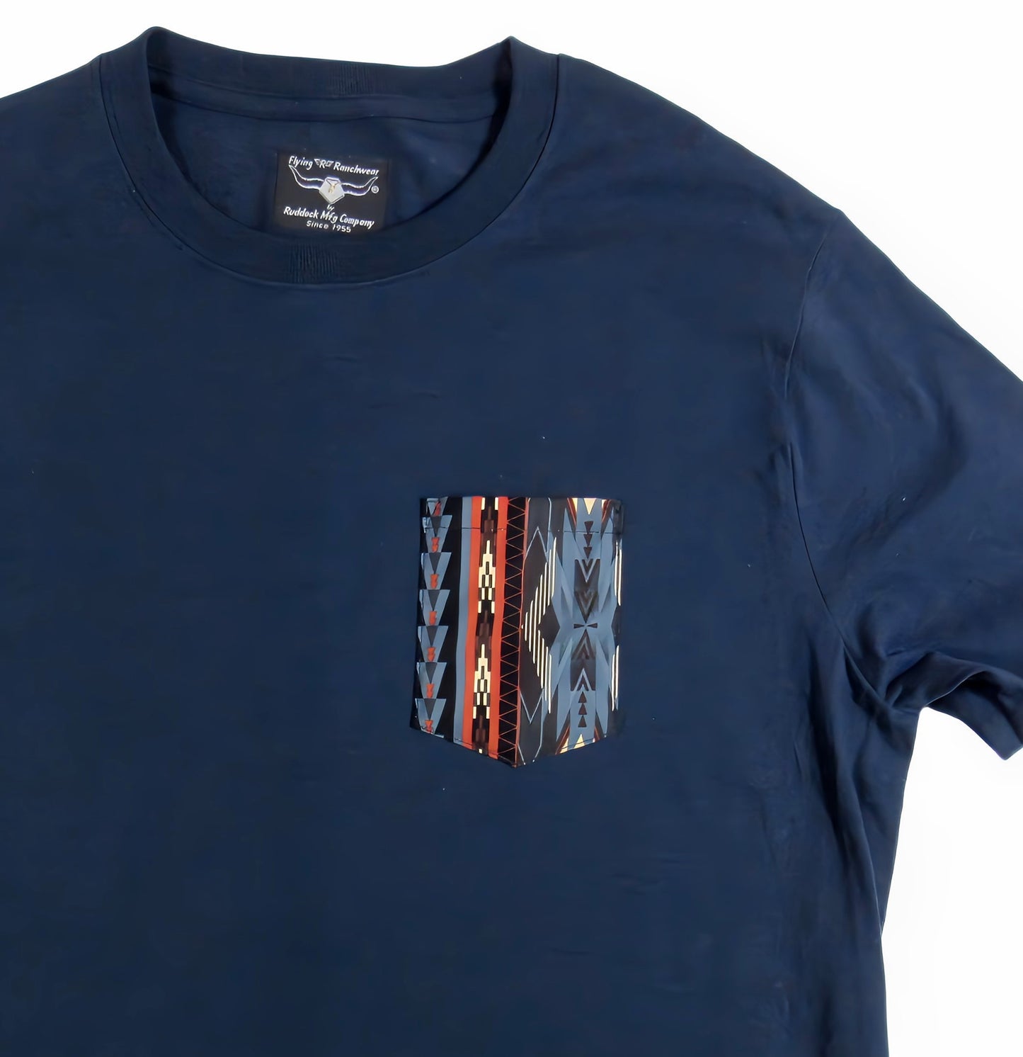 Navy Blue T shirt with contrast pocket by Flying R Ranchwear Made in USA Ruddock Shirts El Paso TX