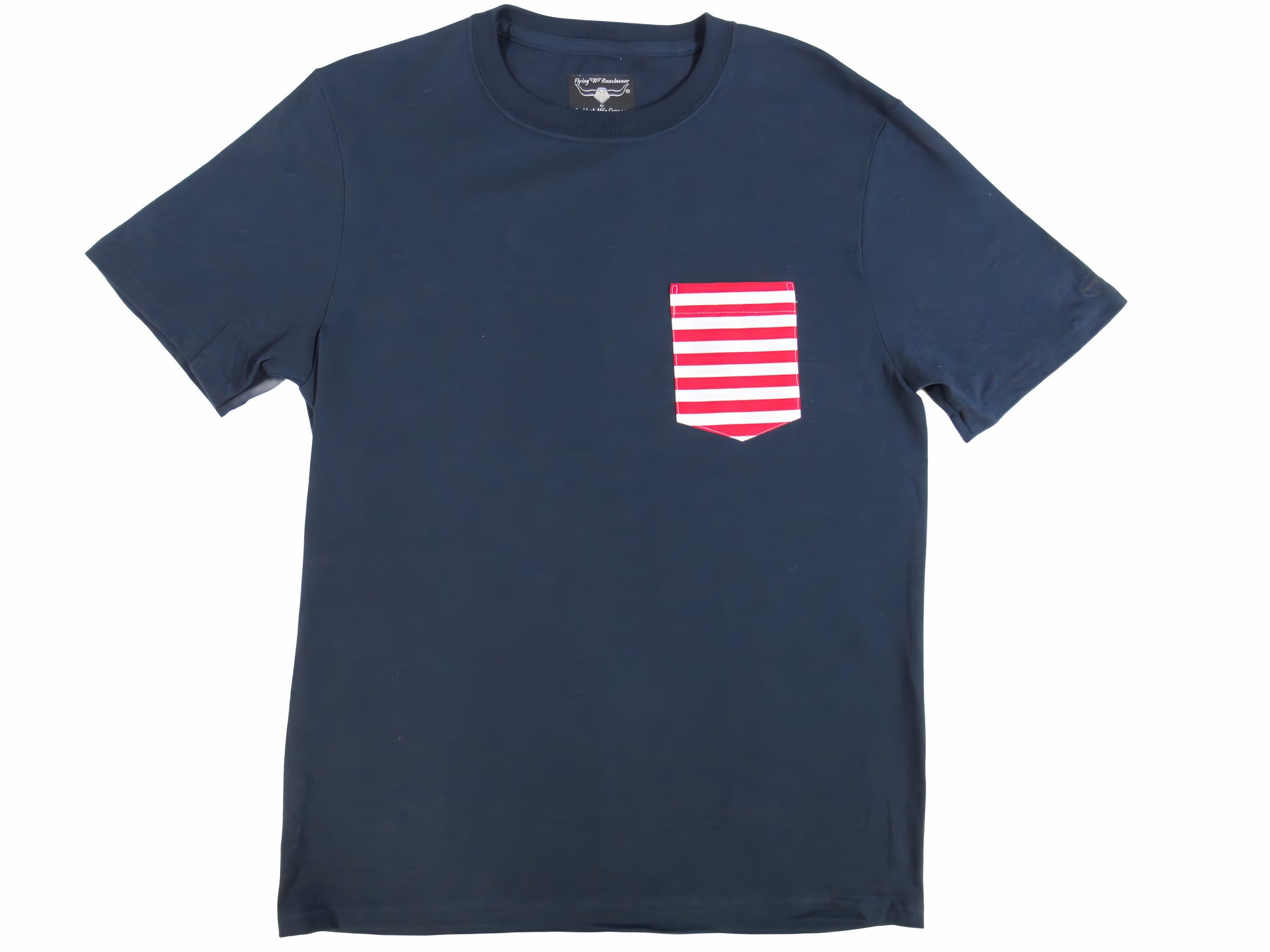 Navy Blue made in USA t shirt with red Stripe print on pocket Flying R Ranchwear Ruddock Shirts