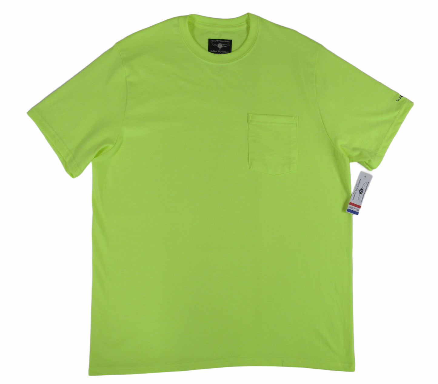 Safety Green T shirt with pocket by Flying R Ranchwear Made in USA Ruddock Shirts El Paso Texas