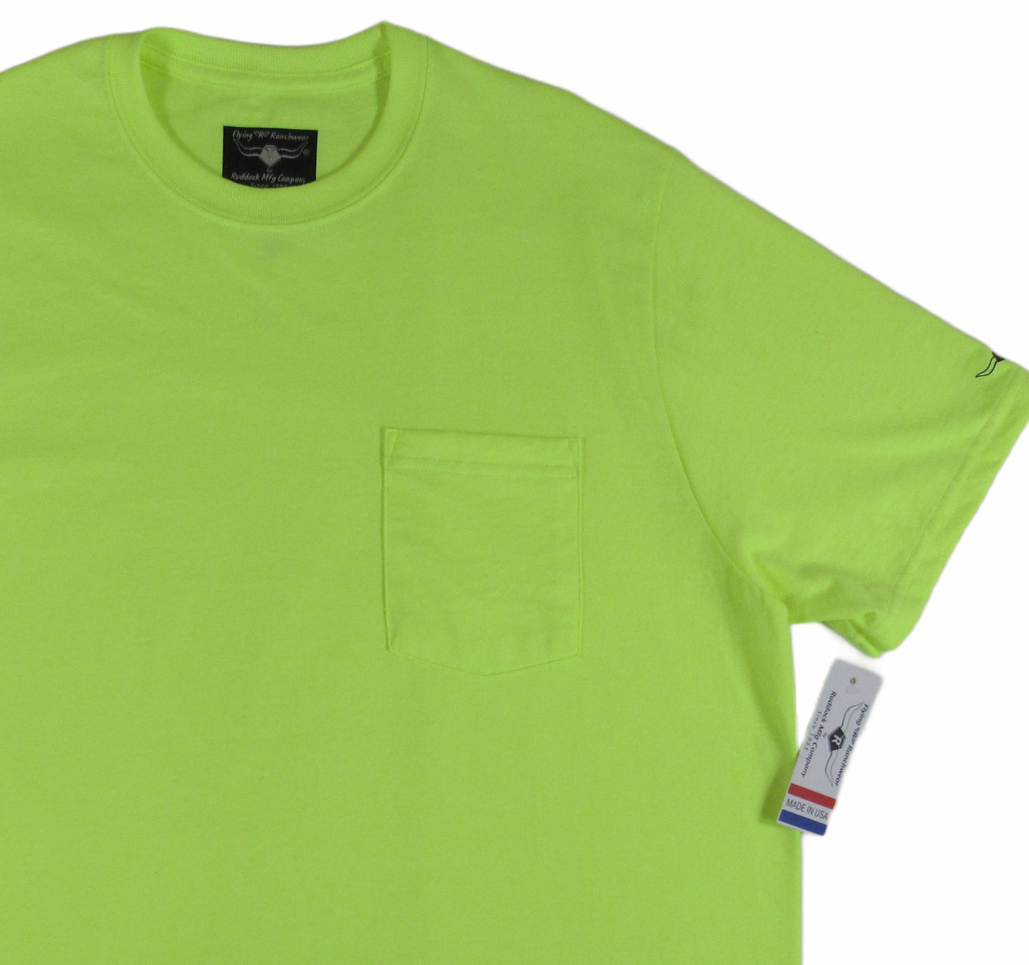 Solid Safety Green T shirt with pocket by Flying R Ranchwear Made in USA by Ruddock Shirts El Paso TX