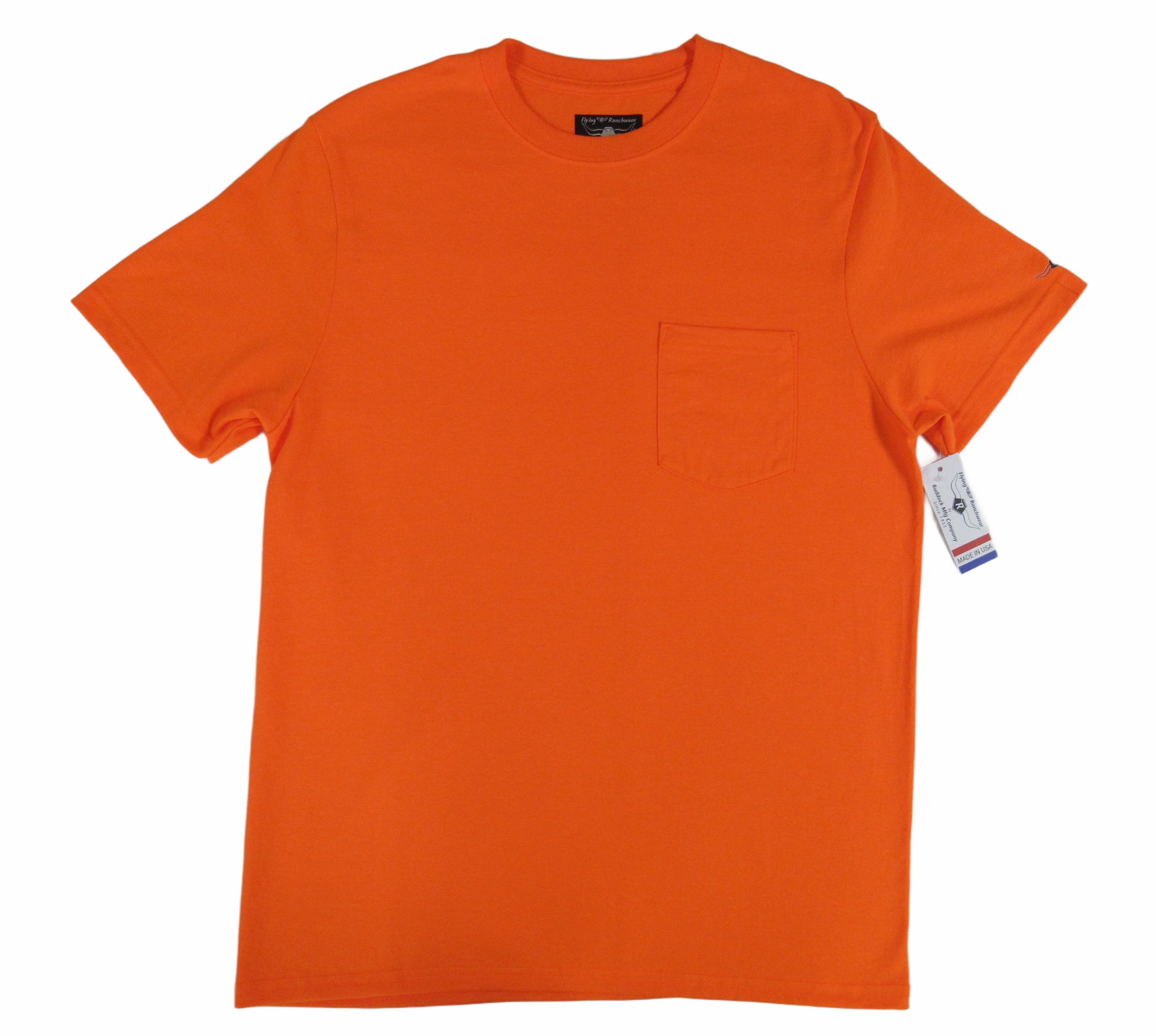 Safety Orange T shirt with pocket by Flying R Ranchwear Made in USA Ruddock Shirts El Paso Texas