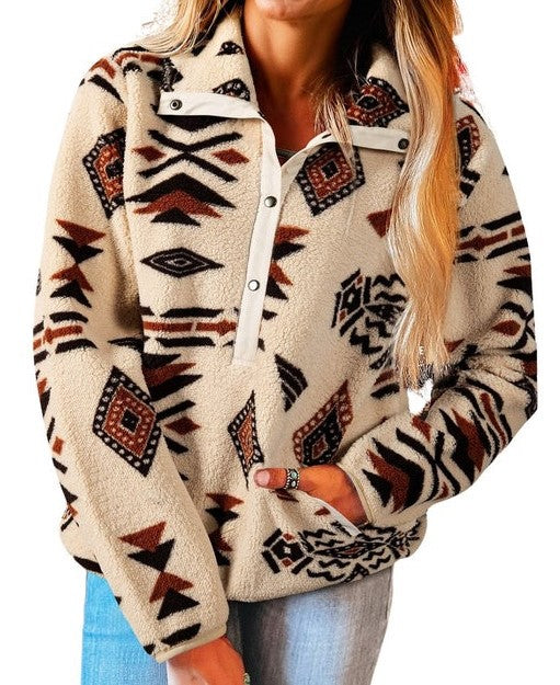 Flying R Ranchwear - Women's Southwest Fleece ~ Snap Popover - Rust/Black/Ivory