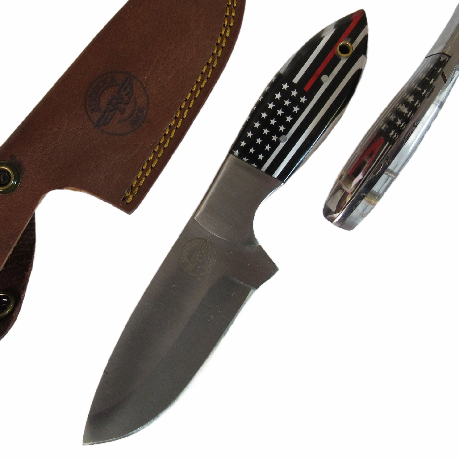 Red Line first responders tribute knife with stainless blade and resin handle by Ruddock Bros with leather sheath