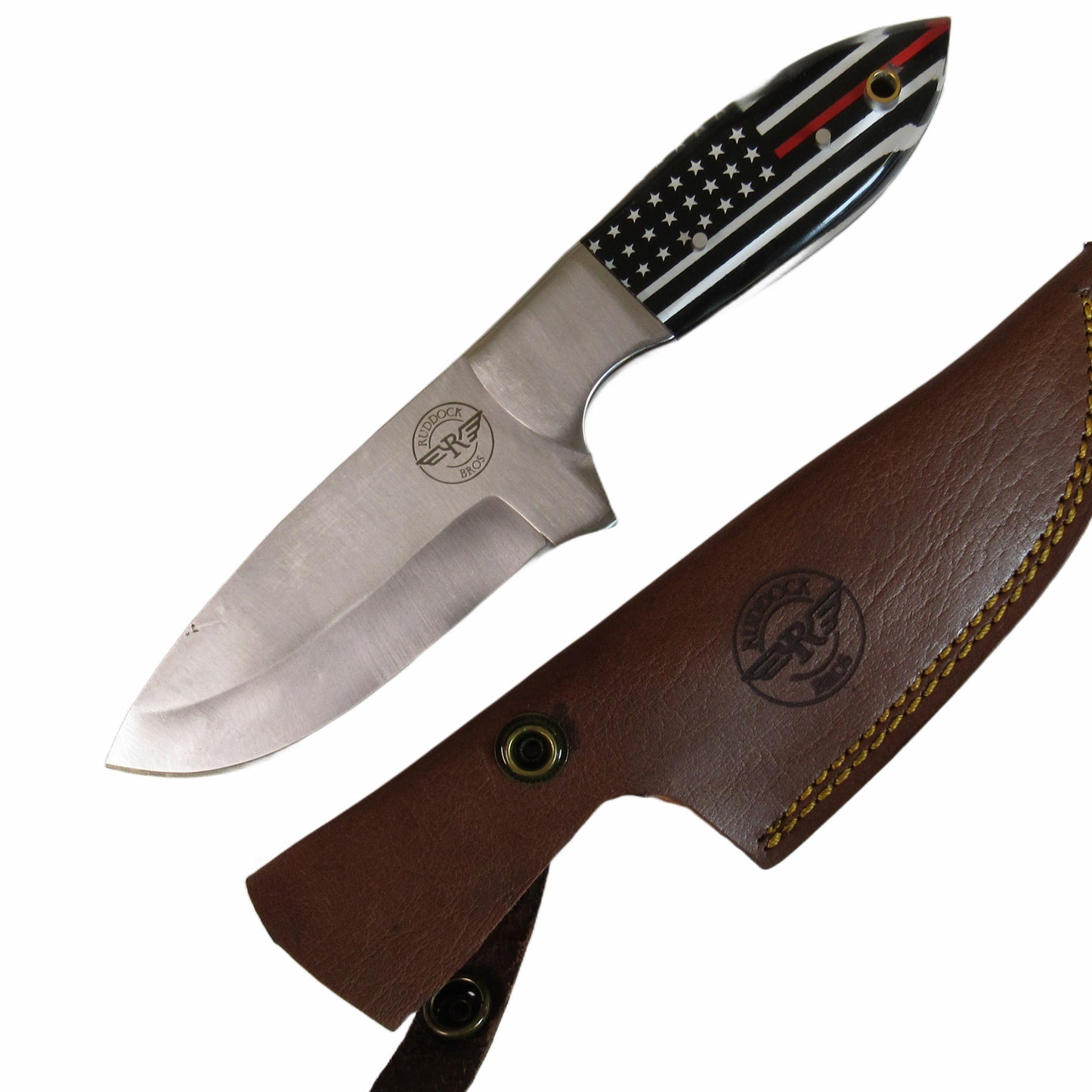 Red Line first responders tribute knife with stainless blade and resin handle by Ruddock Bros with leather sheath