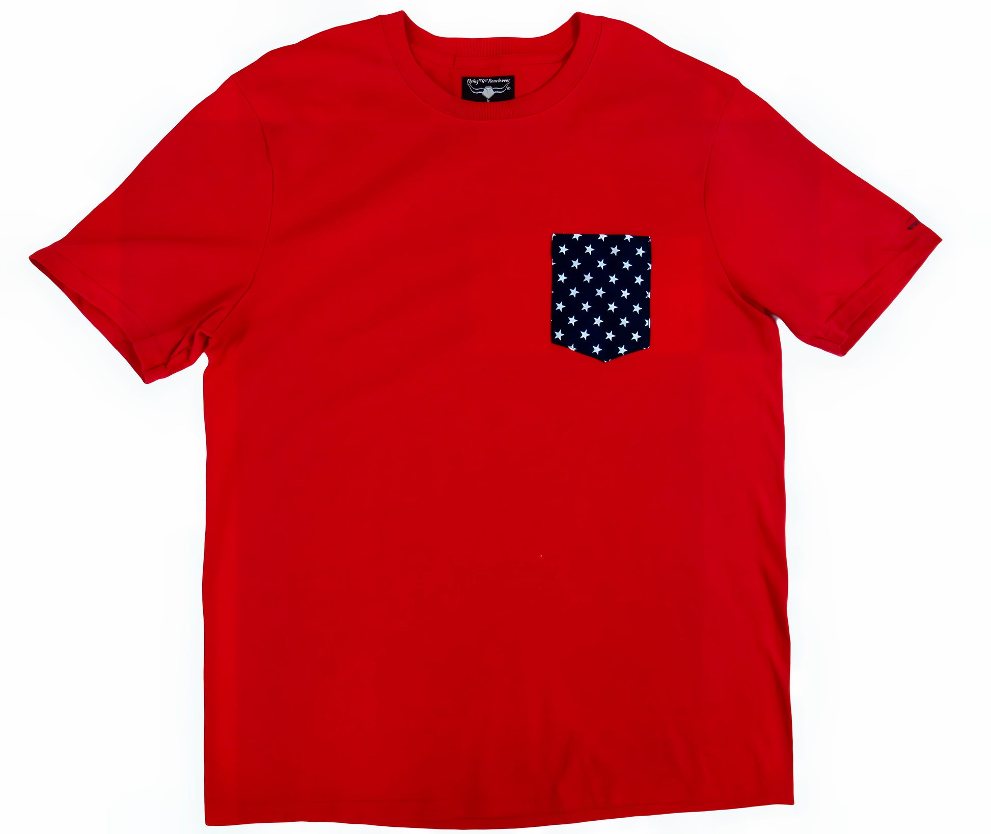 Patriot Red made in USA t shirt with navy Star print on pocket Flying R Ranchwear Ruddock Shirts