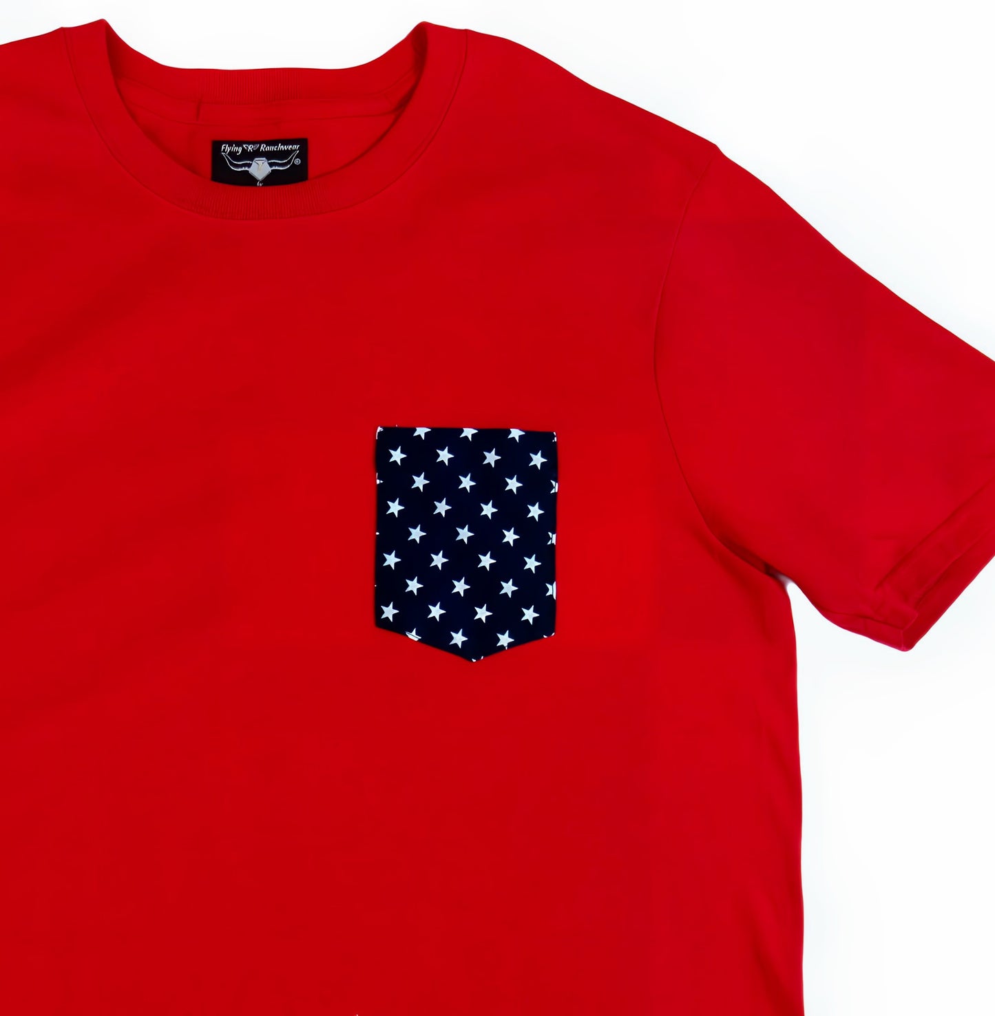 Patriot Red made in USA t shirt with navy Star print on pocket Flying R Ranchwear Ruddock Shirts