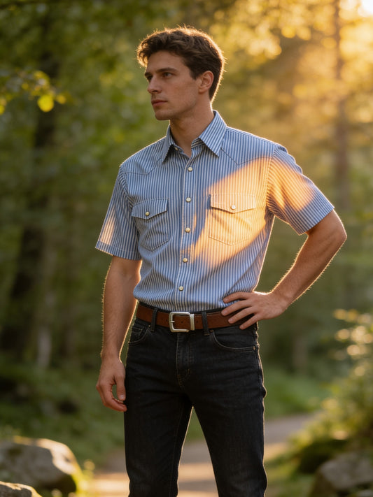 Flying R Ranchwear - Regency Stripe - Blue/White - Short Sleeve - Classic Fit