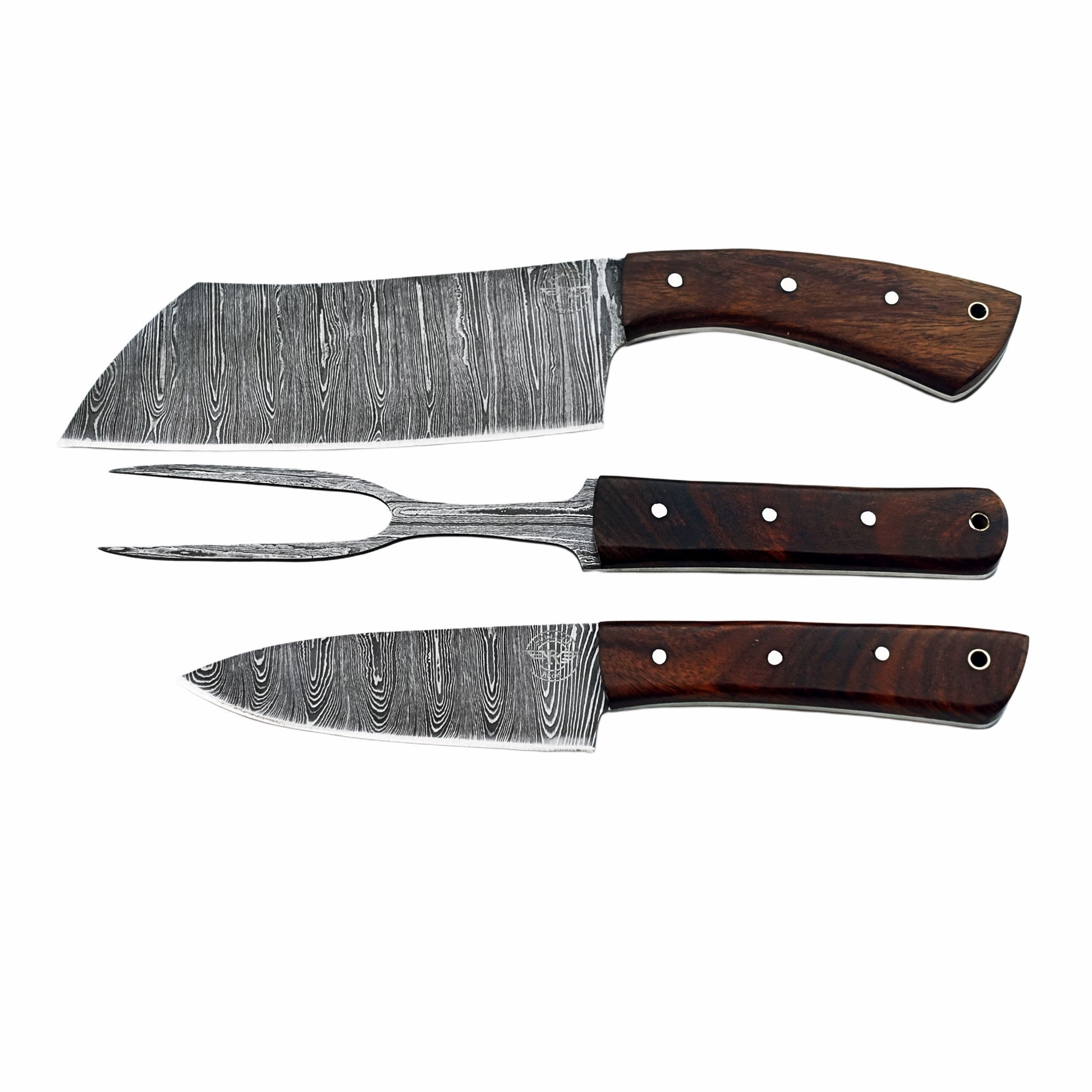 Three piece carving set with Damascus steel and brown hardwood handles by Ruddock Bros