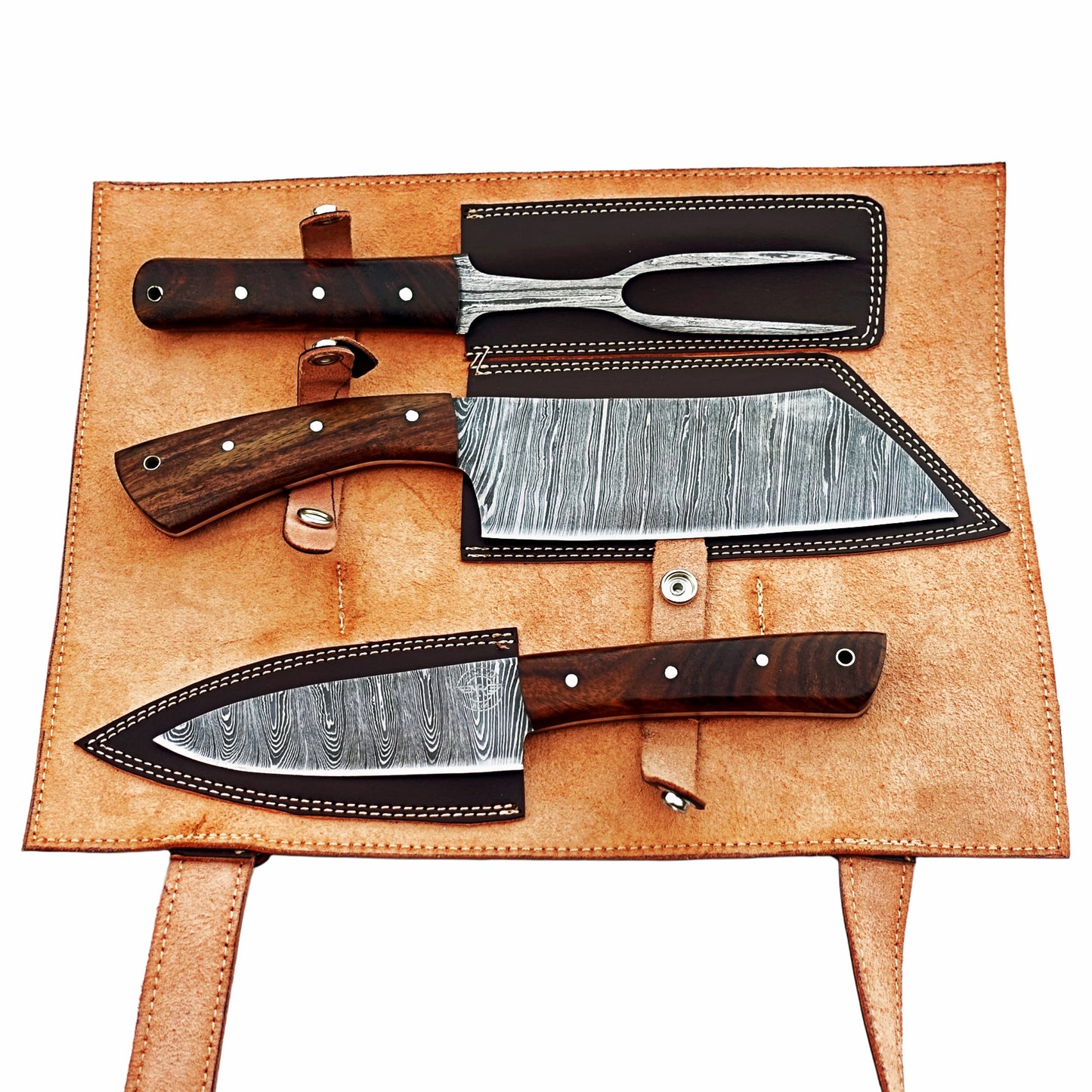 Three piece carving set with Damascus steel and brown hardwood handles by Ruddock Bros