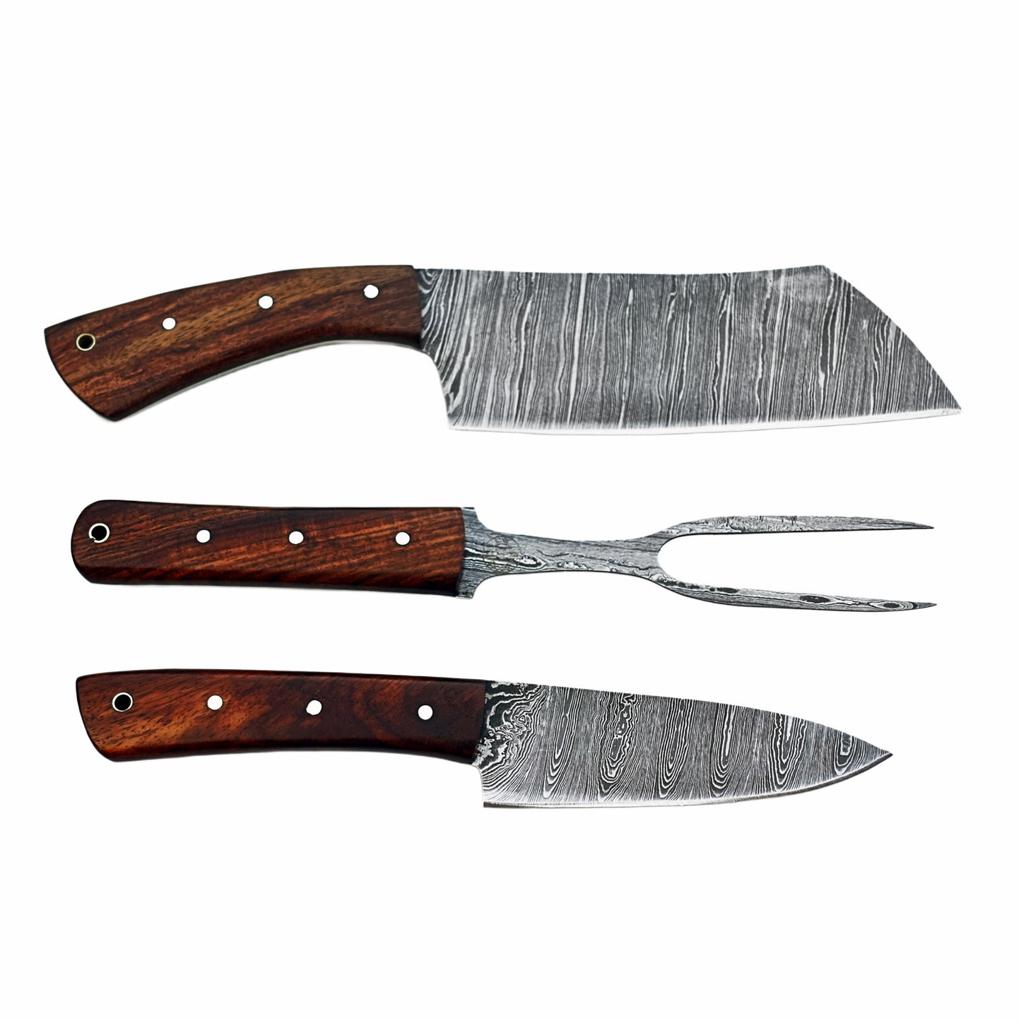 Three piece carving set with Damascus steel and brown hardwood handles by Ruddock Bros