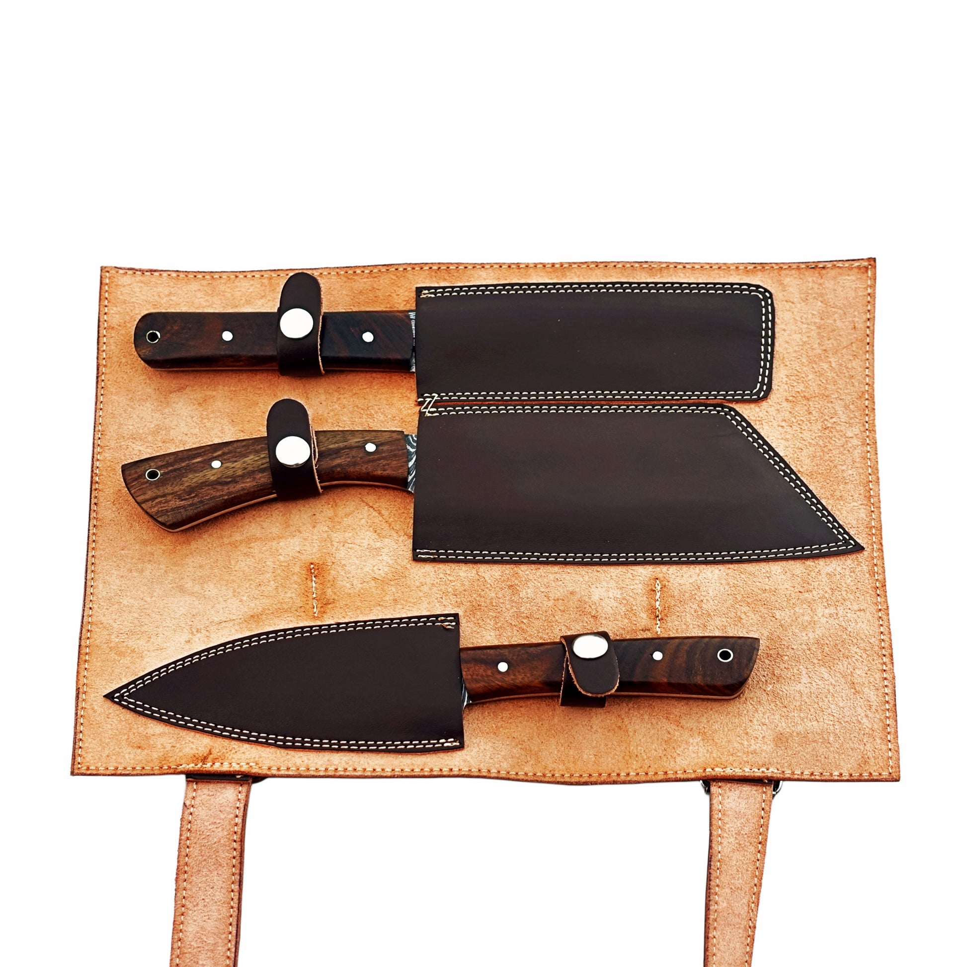 Three piece carving set with Damascus steel and brown hardwood handles by Ruddock Bros