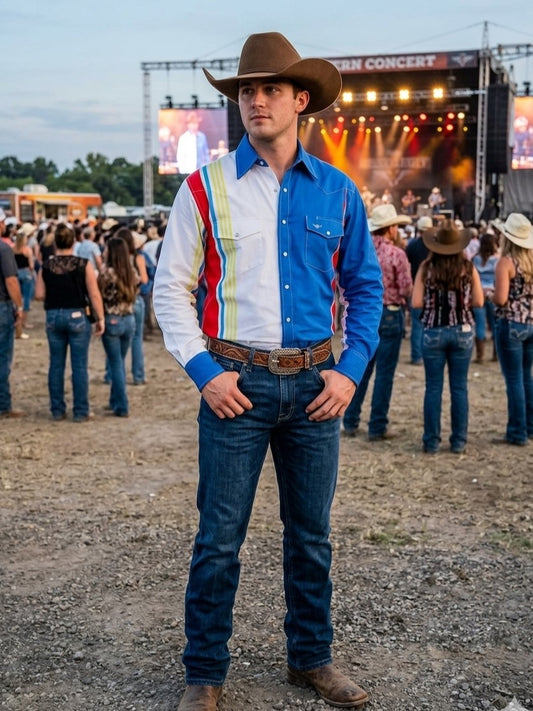 Flying R Ranchwear - Cantina Collection - Royal Retro Stripe - Long Sleeve - Classic Fit
