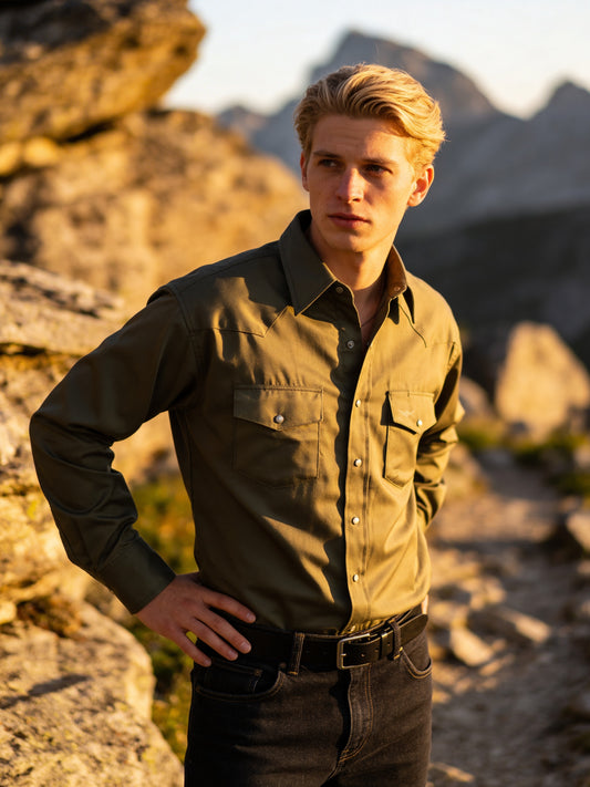 Flying R Ranchwear - Prairie Twill Solid - Safari Green - Long Sleeve - Snaps - Classic Fit