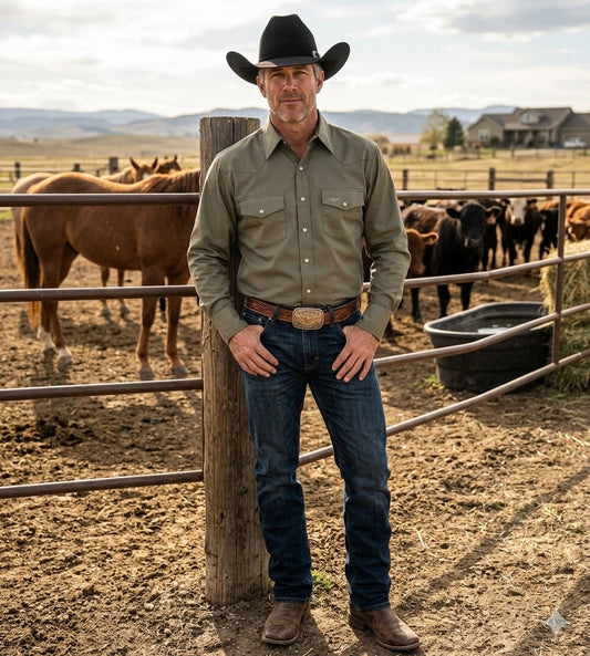 Flying R Ranchwear - Prairie Twill Solid - Safari Green - Long Sleeve - Snaps - Classic Fit