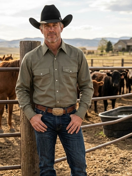 Flying R Ranchwear - Prairie Twill Solid - Safari Green - Long Sleeve - Snaps - Classic Fit