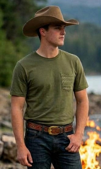 Safari Green with Aztec Tonal Print - Pocket T-shirt - Made in USA
