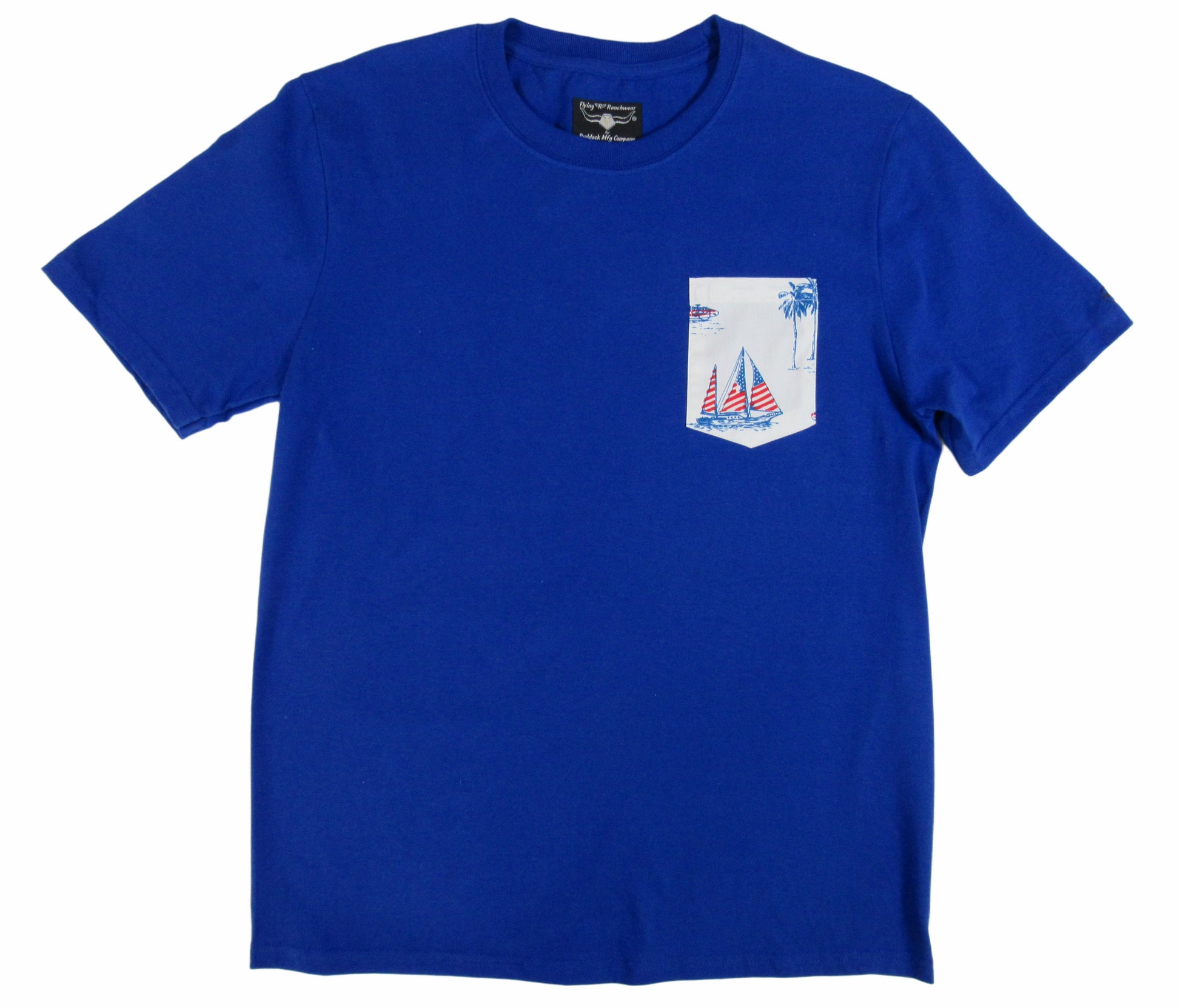 Royal Blue made in USA t shirt with sail boat print on pocket Flying R Ranchwear Ruddock Shirts