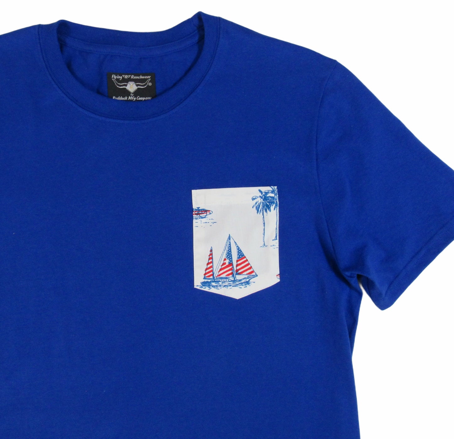 Royal Blue made in USA t shirt with sail boat print on pocket Flying R Ranchwear Ruddock Shirts