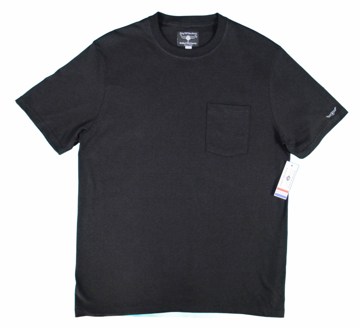 Black T shirt with pocket by Flying R Ranchwear Made in USA Ruddock Shirts El Paso Texas