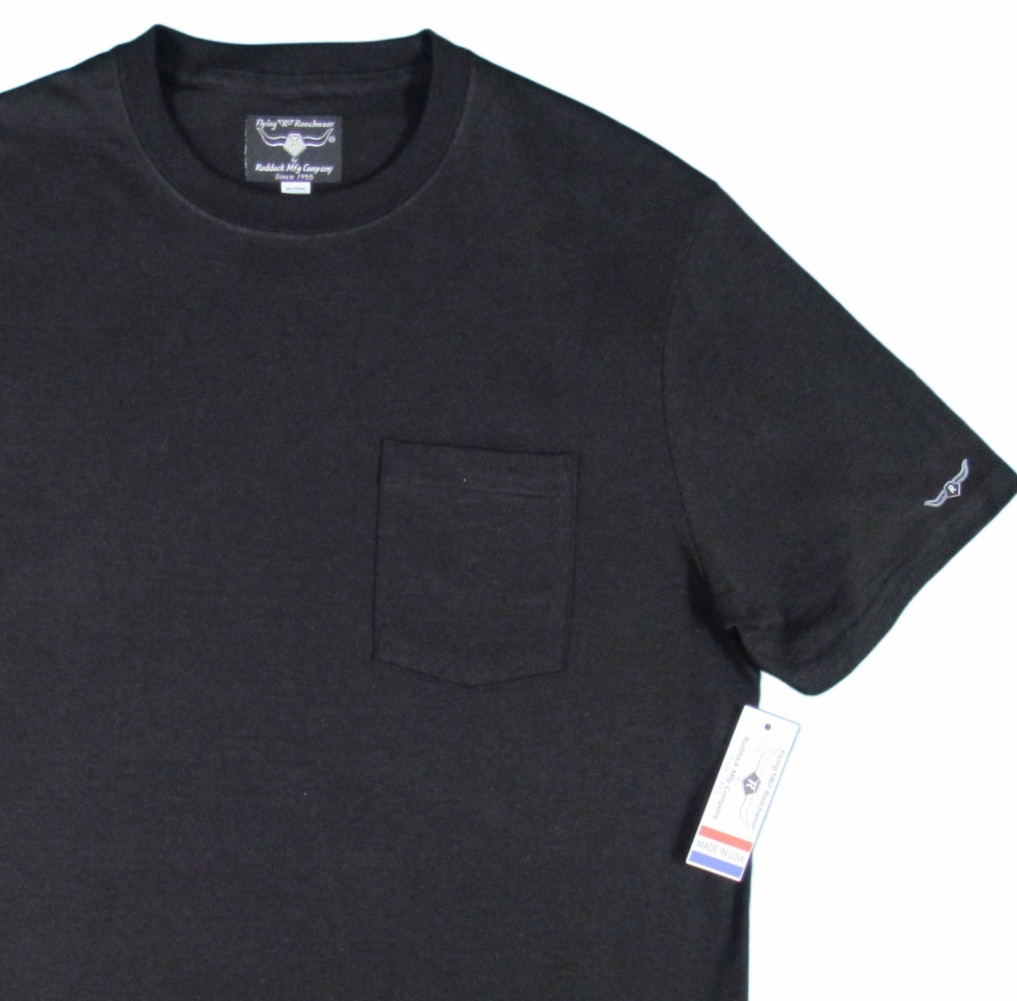 Solid Black T shirt with pocket by Flying R Ranchwear Made in USA by Ruddock Shirts El Paso TX