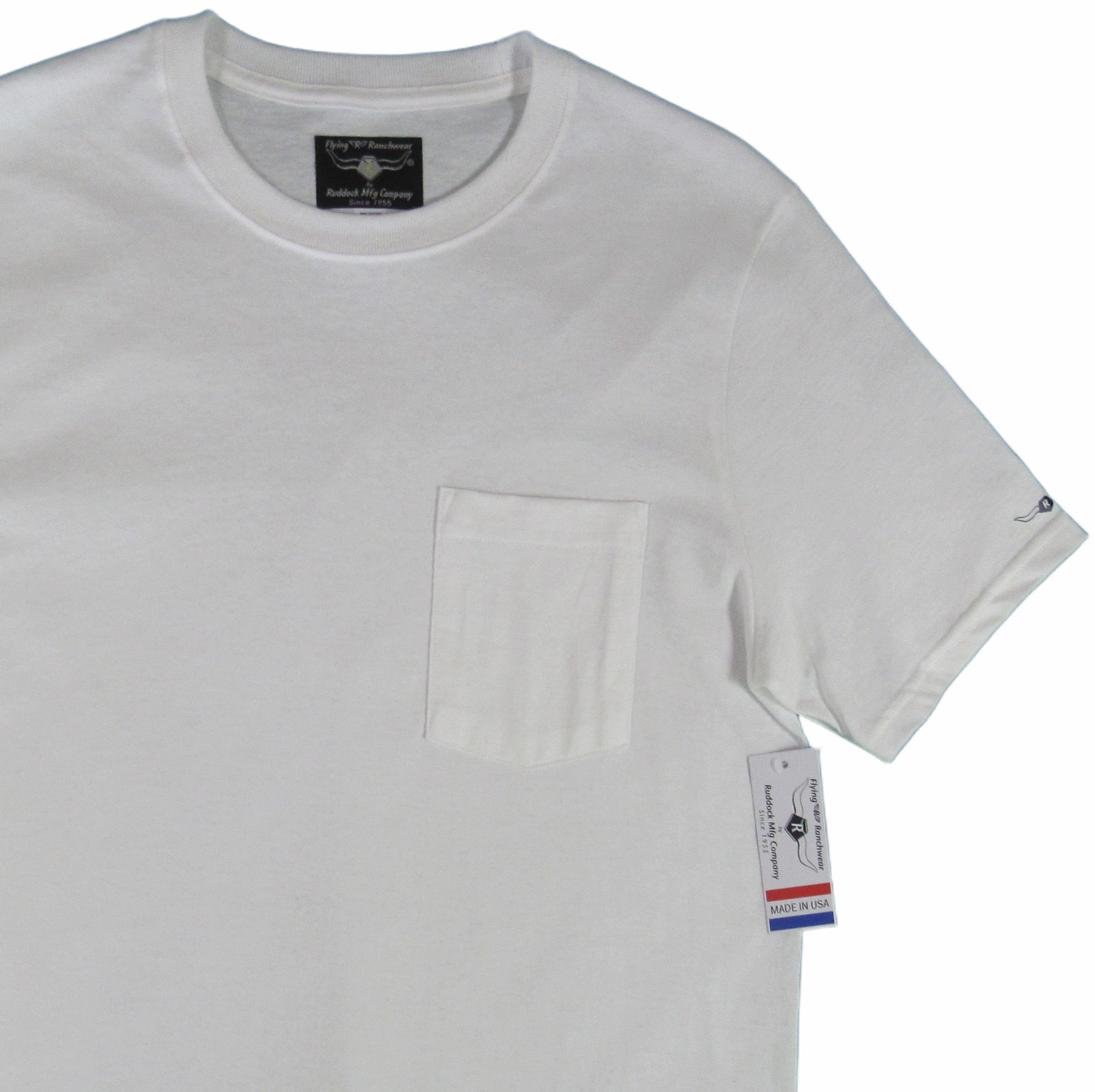 Solid White T shirt with pocket by Flying R Ranchwear Made in USA by Ruddock Shirts El Paso TX