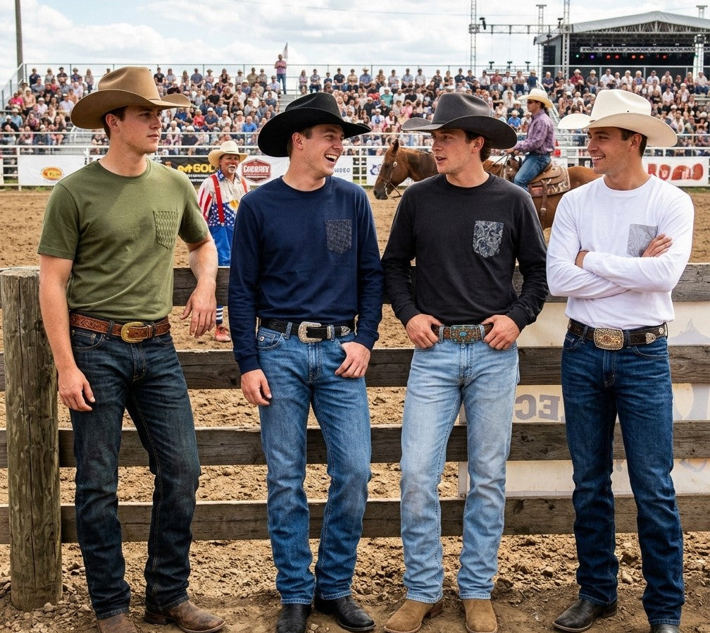 four cowboys in t shirts with contrast pockets standing by a rodeo arena Flying R Ranchwear made in usa by ruddock