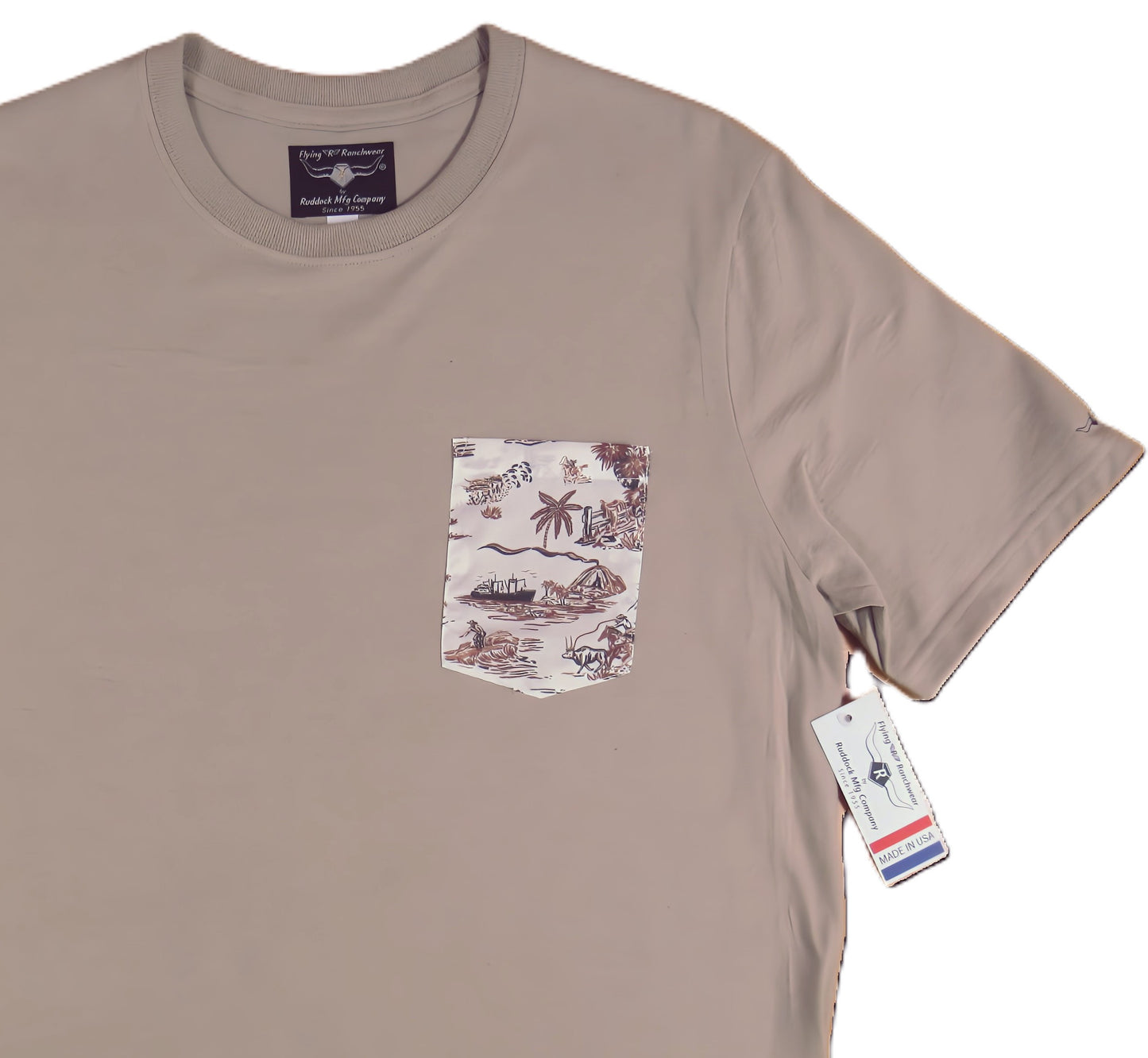 Flying R Ranchwear - Vaquero Print - Tan Pocket T-shirt - Made in USA