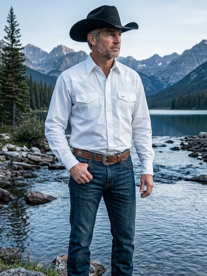 Flying R Ranchwear - Western Classic Solid - White Poplin - Long Sleeve - Snaps - Classic Fit