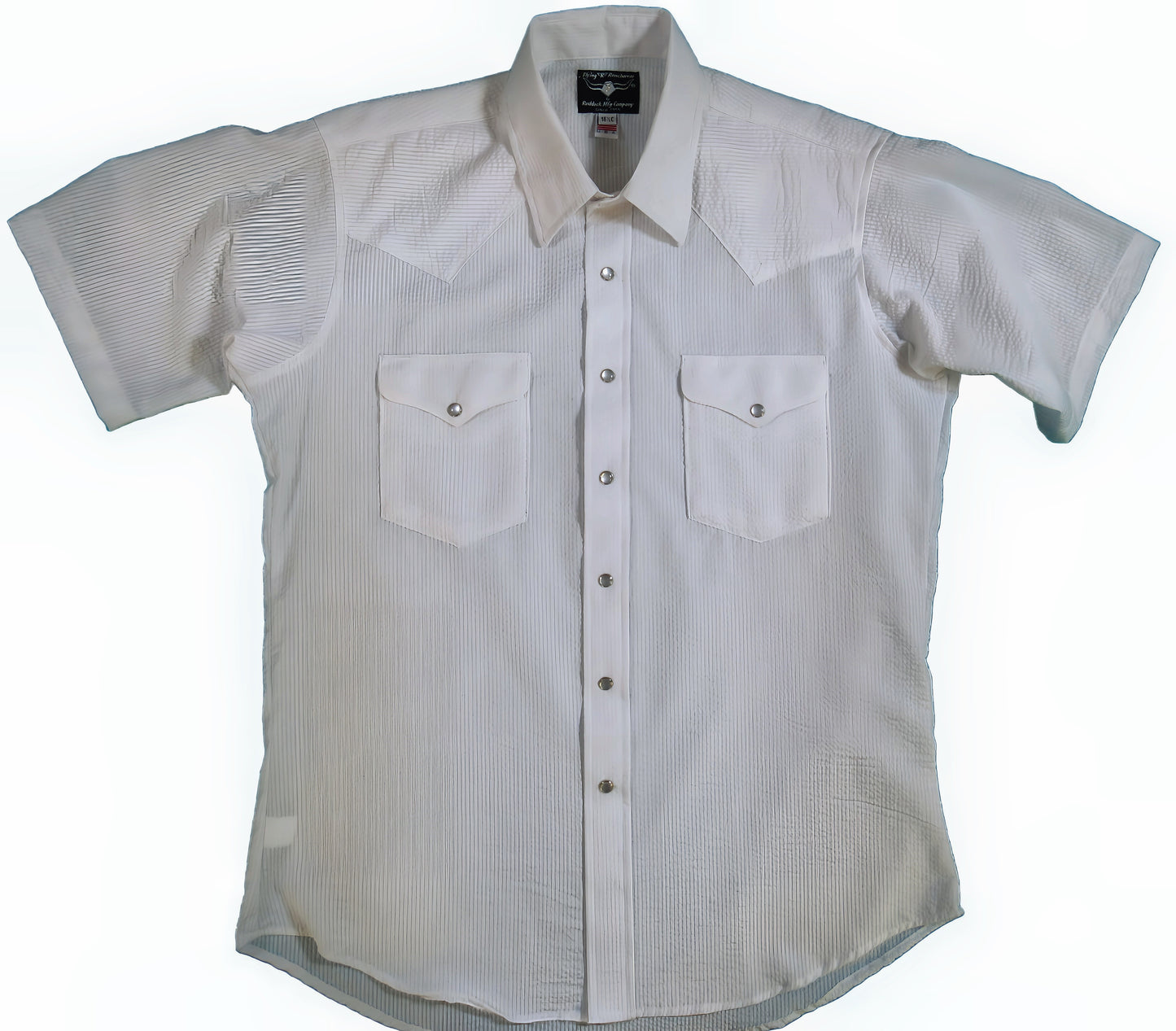 White Seer sucker party shirt by Flying R Ranchwear Made in USA with snaps Ruddock Shirts