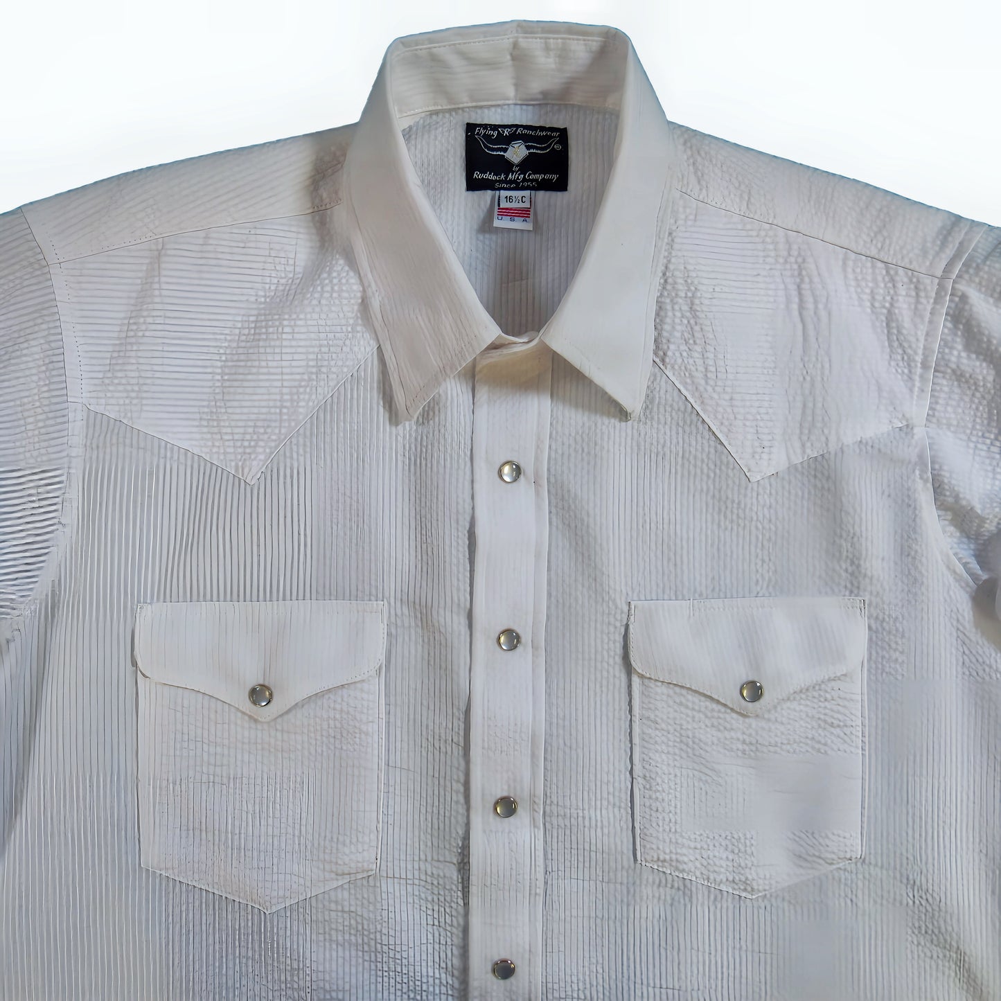 White Seer sucker party shirt by Flying R Ranchwear Made in USA with snaps Ruddock Shirts