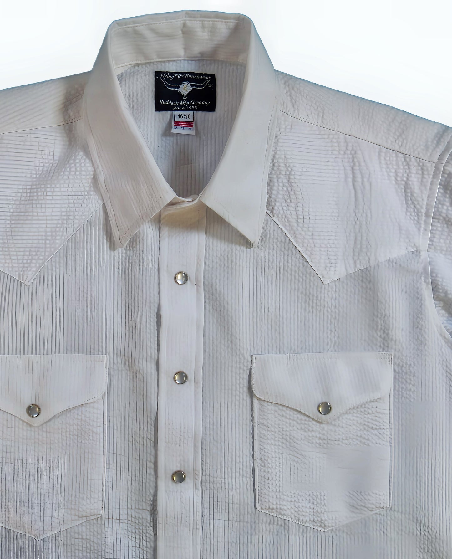 White Seer sucker party shirt by Flying R Ranchwear Made in USA with snaps Ruddock Shirts