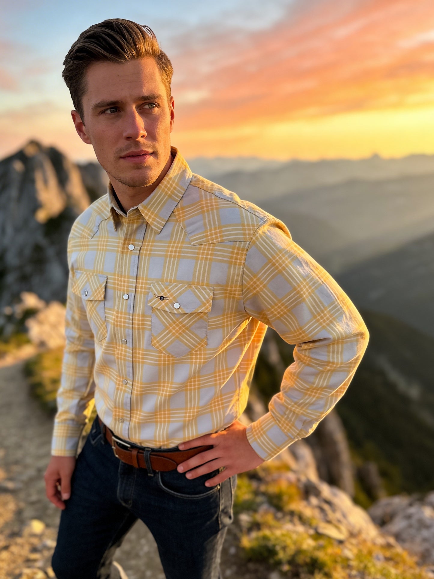 Flying R Ranchwear - Feather Plaids - Gray & Yellow - Long Sleeve - NEW FIT